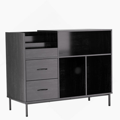 Eco-Friendly Record Player Stand With Flip-Top - Wood Vinyl Storage Cabinet With 2-Outlet Power Strip, Drawers & Dustproof Cubbies, Media Console For Living Room/Study, Black