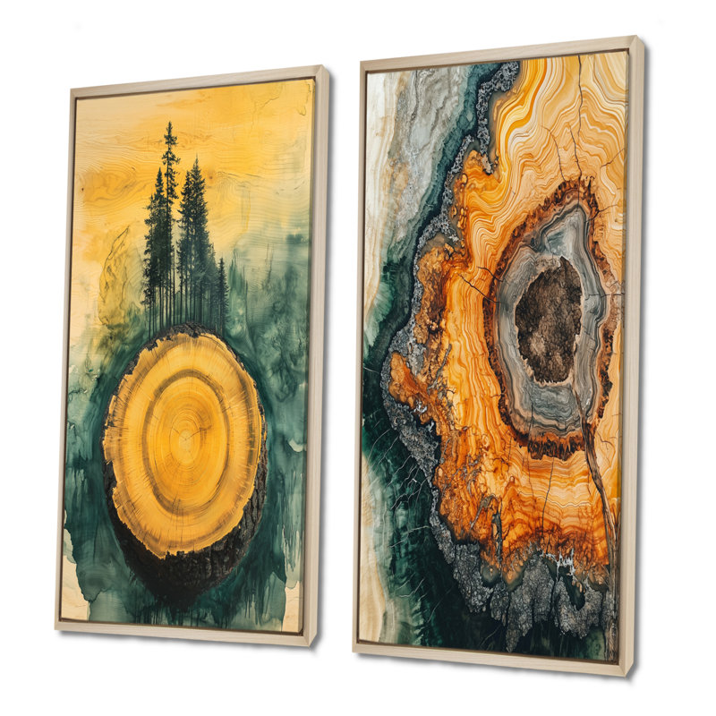 «Emerald River Into The Pine Wood Forest I», collection d'art sur toile 2 panneaux, H 28 po x l 25 po, Cadre crème crème