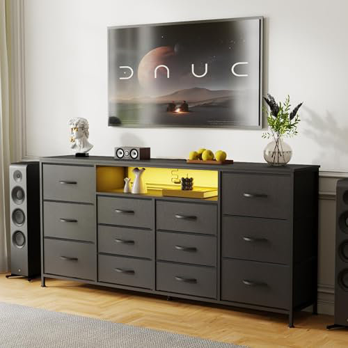 63" Dresser TV Stand for 65 70 75 Inch TV, Fabric Chest of Drawers with Charging Station, LED Lights, Black
