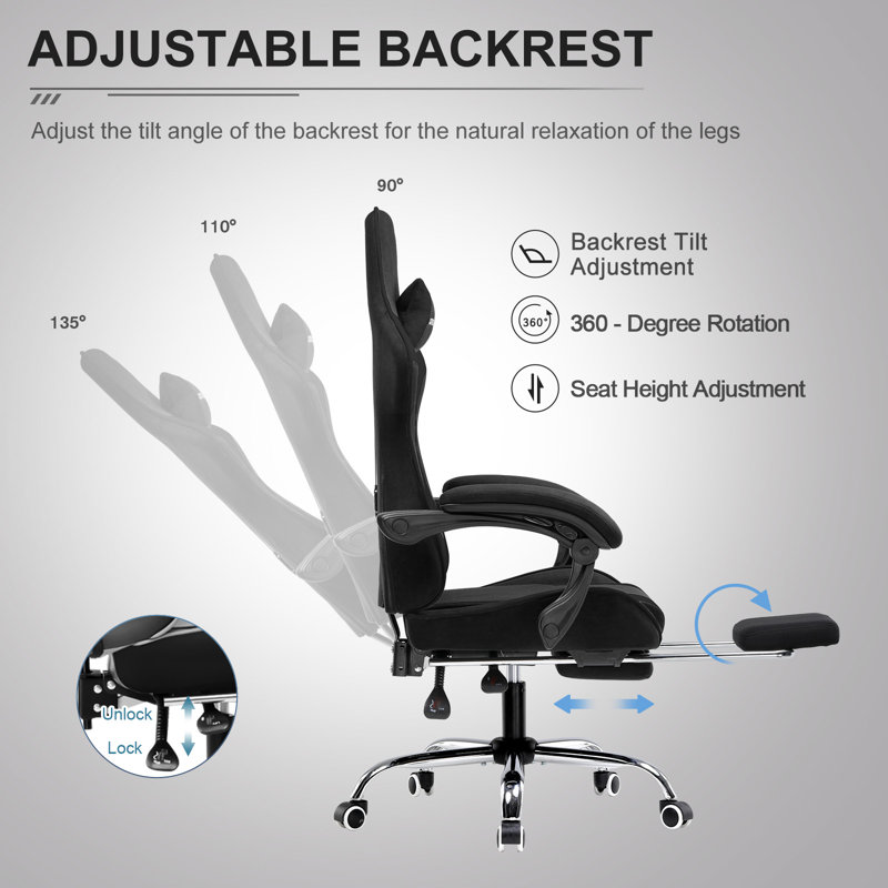 GTPLAYER Adjustable Reclining Ergonomic Swiveling PC & Racing Game Chair with Footrest, Black