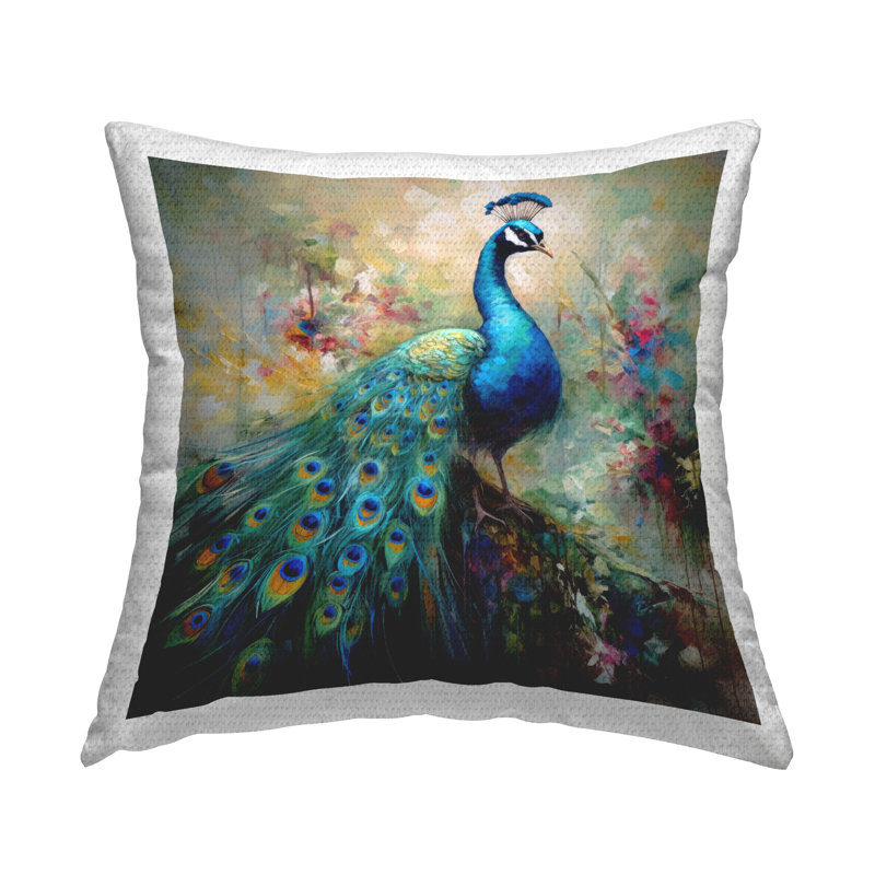 Coussin d'extérieur imprimé de plumes de paon élégantes par Lazar Studio