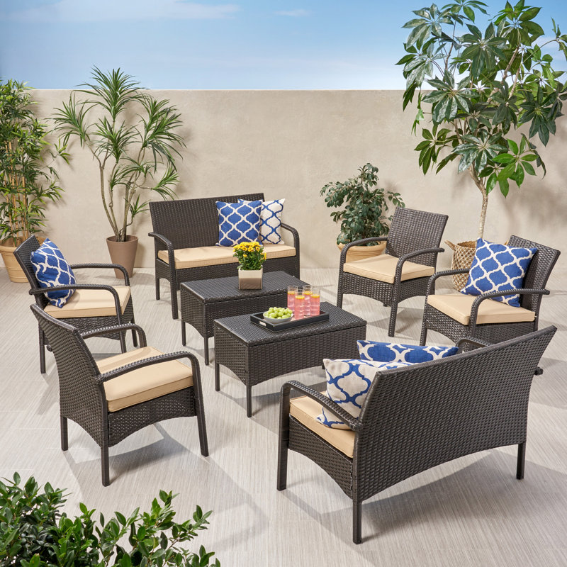 Cokato 8 - Person Patio Conversation Set with Cushions, Brown Frame / Tan Cushion