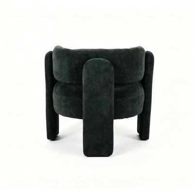 Fauteuil d'appoint moderne à dossier creux, fauteuil tonneau incurvé en tissu texturé vert, fauteuil simple rembourré à pieds blocs, fauteuil d'appoint sculptural unique pour le bureau de la chambre à coucher
