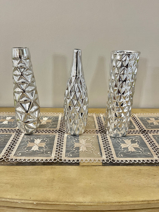 Ensemble de 3 vases en céramique embossés - 12 po, Argent argent