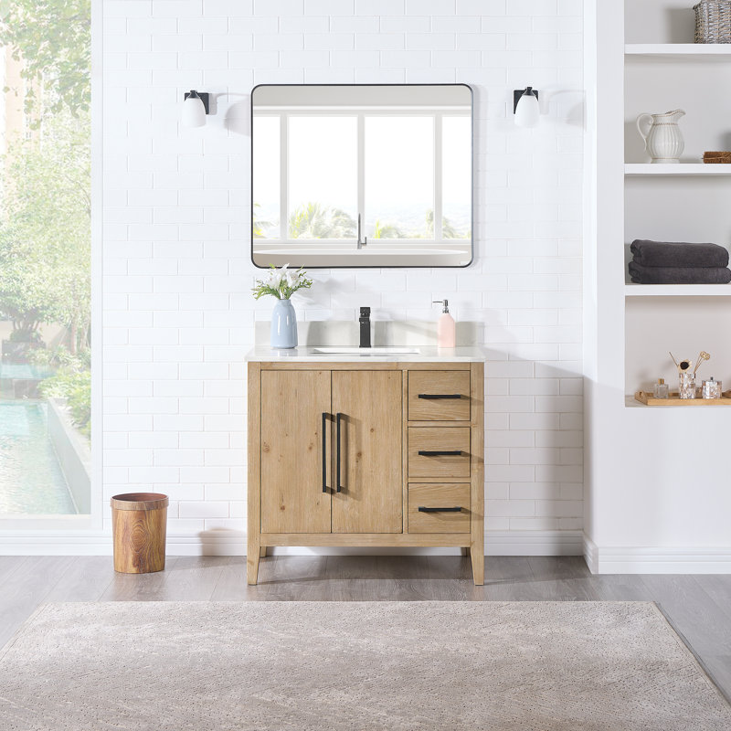 Meuble-lavabo simple autoportant avec plateau en quartz et miroir Griselde, Sapin vieilli