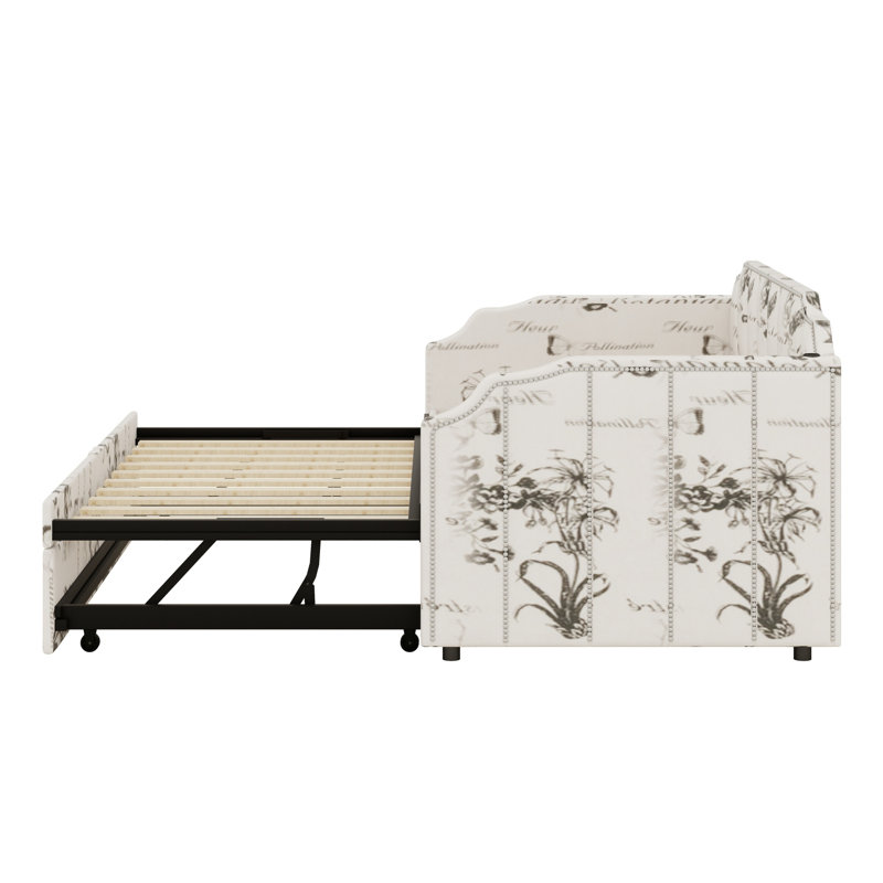 Upholstered Daybed with Pop-Up Trundle, White Tossed Botanical