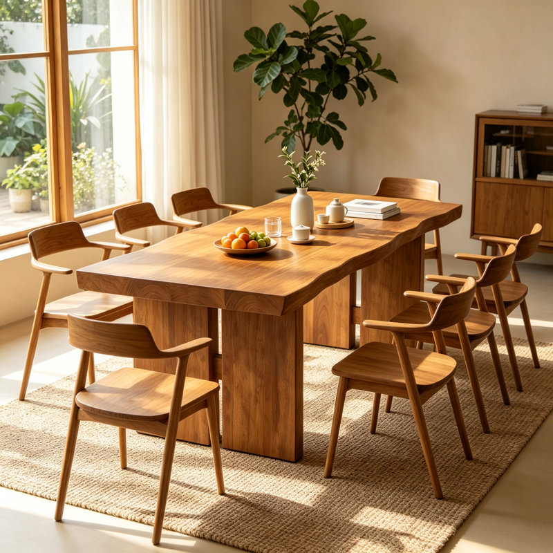 Table de salle à manger en bois massif avec bords en rondins naturels, grande table de salle à manger rectangulaire de style champêtre pouvant accueillir 8 personnes, avec des pieds à lattes robustes, table de salle à manger de cuisine