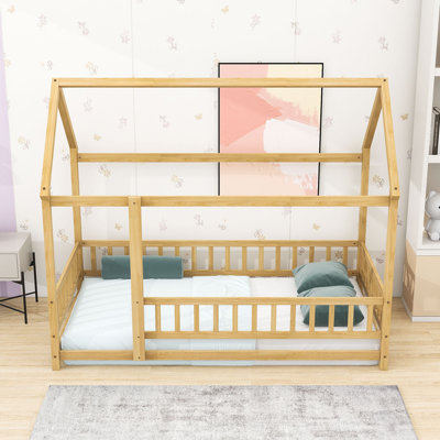 Wooden Floor House Bed With Fence-Style Guardrails