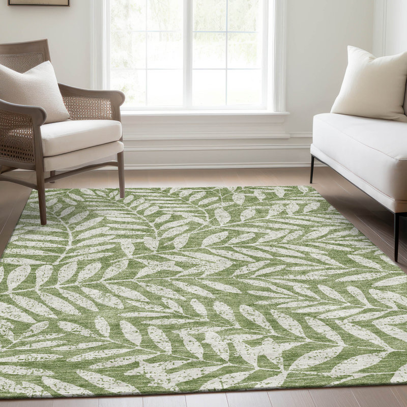 Premium Machine Washable Prisco Green Rug, Rectangle 2'6" x 3'10"