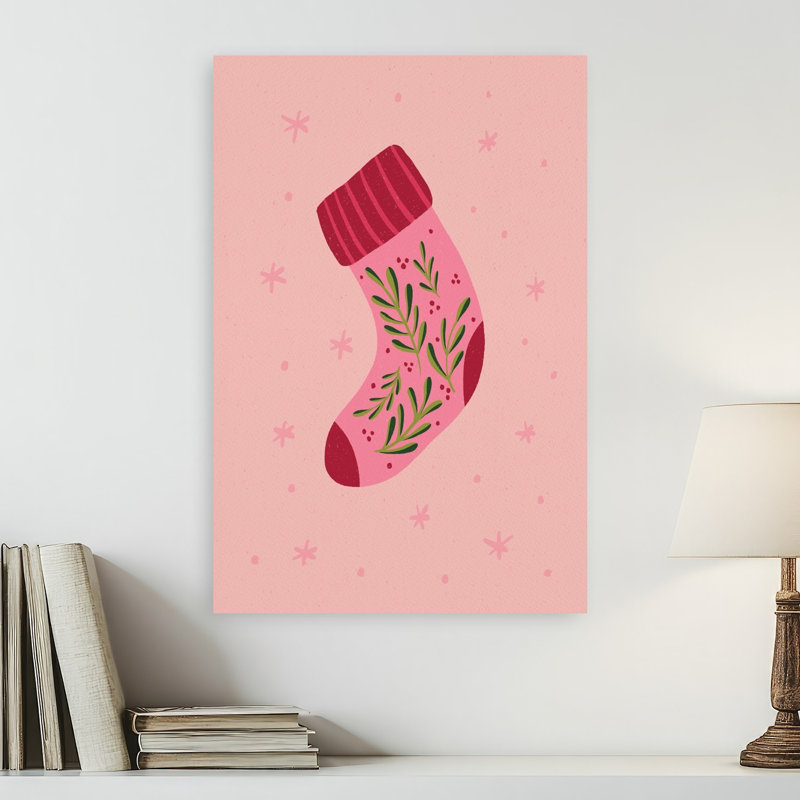 Chaussette de Noël rose, fantaisie abstraite, art mural d'hiver, H 24 po x l 16 po