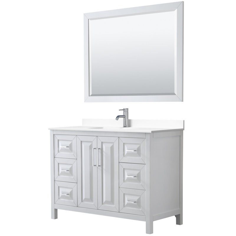 Ensemble de meuble-lavabo simple 48 po avec miroir Daria, Marbre de culture blanc, Blanc, Chrome poli