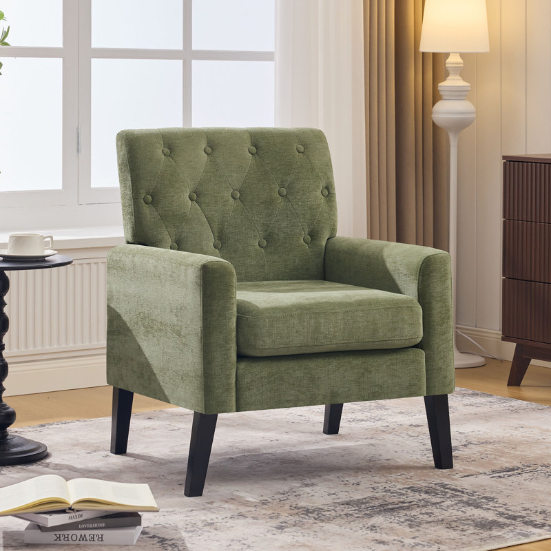 Retro Faux Leather Club Chair - Mid Century Modern Style For Office & Living Room, Green Chenille