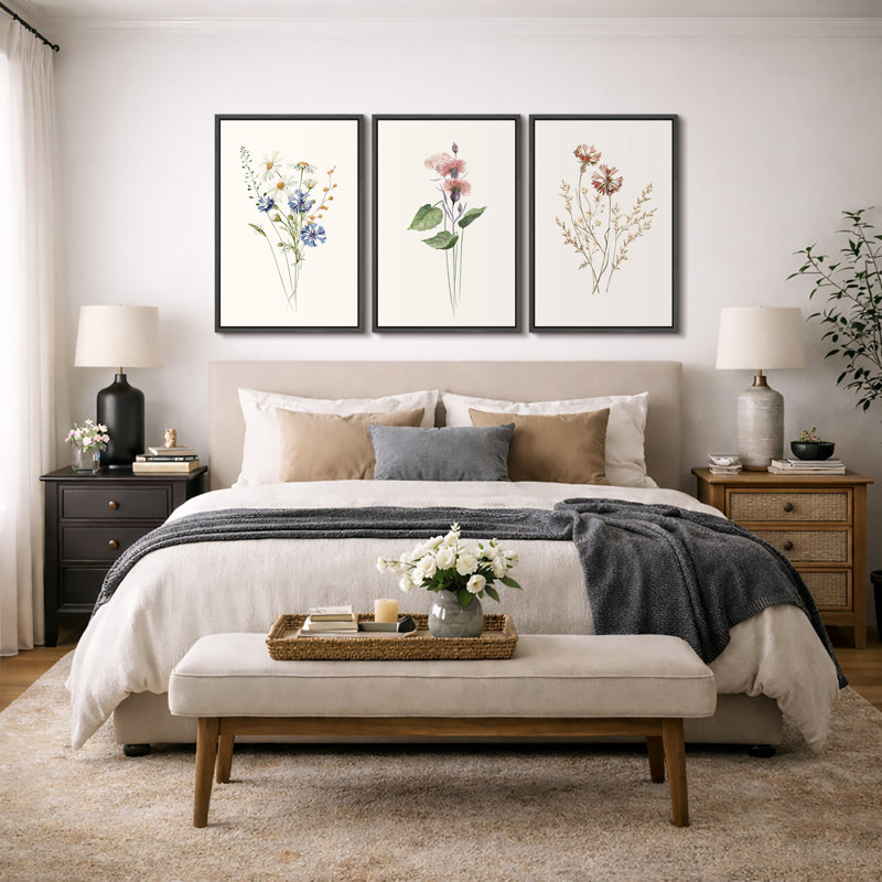 "Minimal Botanical" Pastel Wild Flower Daisy Variétés, H 24 po x l 48 po, Cadre flottant noir