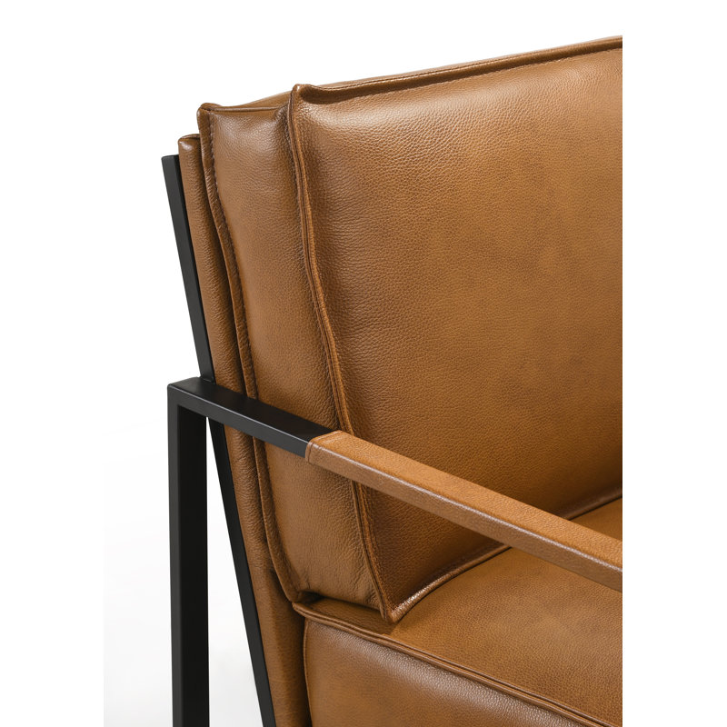 Fauteuil en cuir fleur Gains, Cuir véritable brun moyen