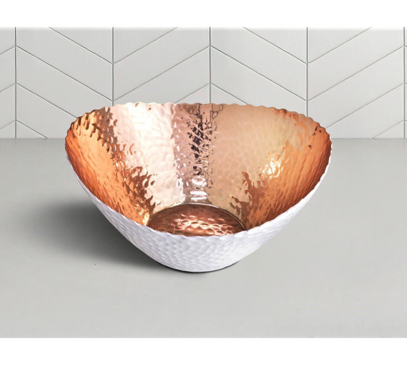Hand Hammered White and Copper Aluminum Oval Bowl, 7.5 inch