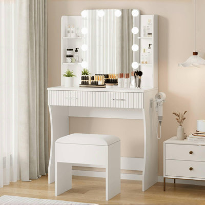 Bureau de coiffeuse, miroir de coiffeuse avec lumières pour le maquillage, coiffeuse de maquillage avec tablettes ouvertes à trois niveaux, coiffeuse avec 2 tiroirs coulissants (4 diviseurs)