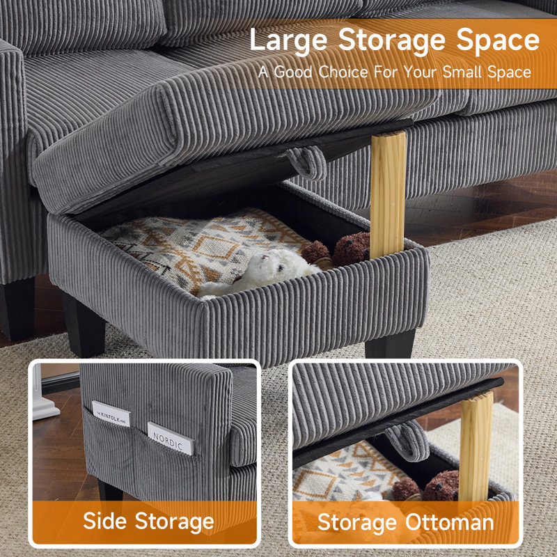 68.5 In. W Square Arm Corduroy L-Shaped 3-Seat Sofa With Storage Ottoman, Gray