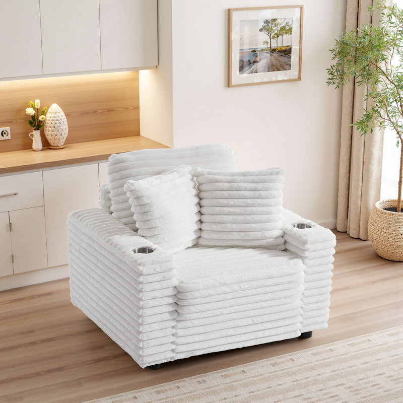 Ermia 96Cm Wide Cotton Flannel Armchair with Two Cup Holders, Beige