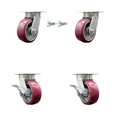 5 Inch Kingpinless Poly on Aluminum Wheel Caster Set 2 Swivel Locks 2 Brakes SCC