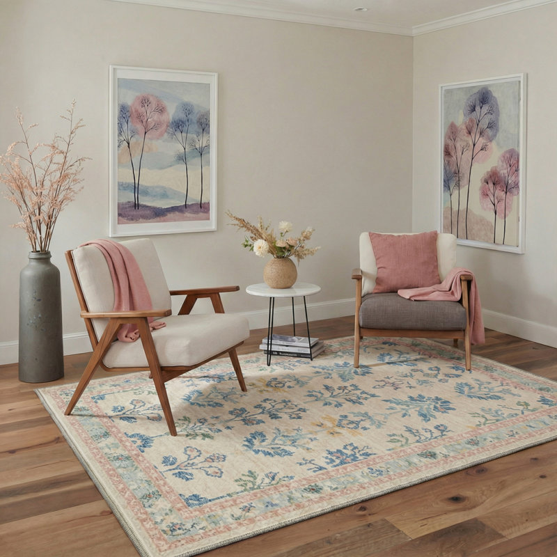 Allsop Verdure Vintage Floral Machine Washable Beige / Blue / Pink Indoor Area Rug with Non-Slip Backing, Round 5'