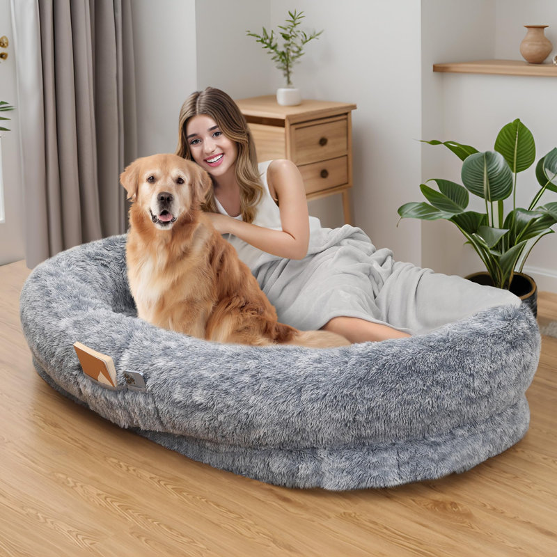 Grand lit pour chien de taille humaine lavable avec housse amovible, Café, H 14 po x l 48 po x P 71 po