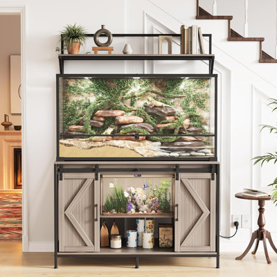 Support pour aquarium et réservoir de reptile 120 gallons - plateau de table 48 po x 24 po, prise de courant, portes coulissantes, rangement spacieux, panneau de fibres à densité moyenne durable, compatible avec les terrariums de dragon barbu et de tortue - gris