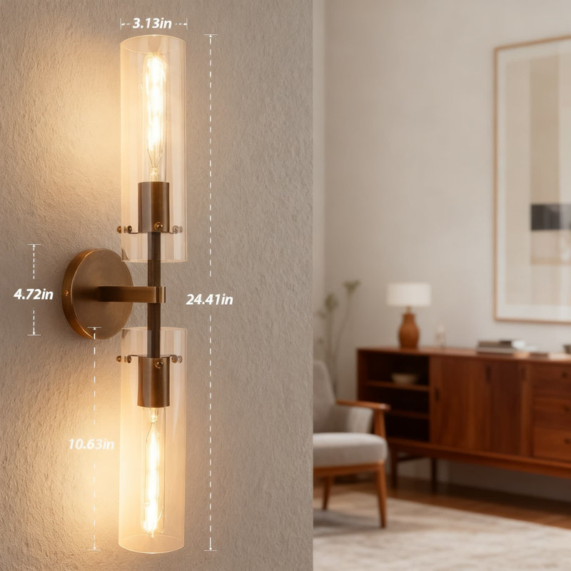 Applique murale réglable à double tête avec tubes en verre transparent, lumière de meuble-lavabo en laiton massif pour miroir de salle de bain, salon, chambre à coucher et couloir