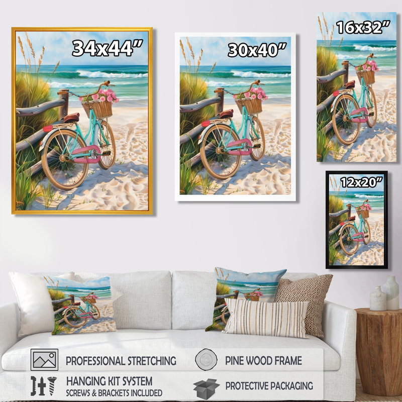Vélo bleu sur le sentier de la plage côtière - art mural côtier, H 20 po x l 12 po x P 1 po, Toile encadrée noire simple