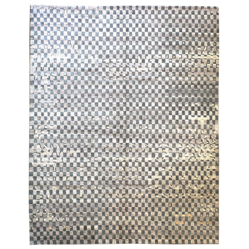 Tapis géométrique tissé à la main en vert, Rectangle 8 pi x 10 pi