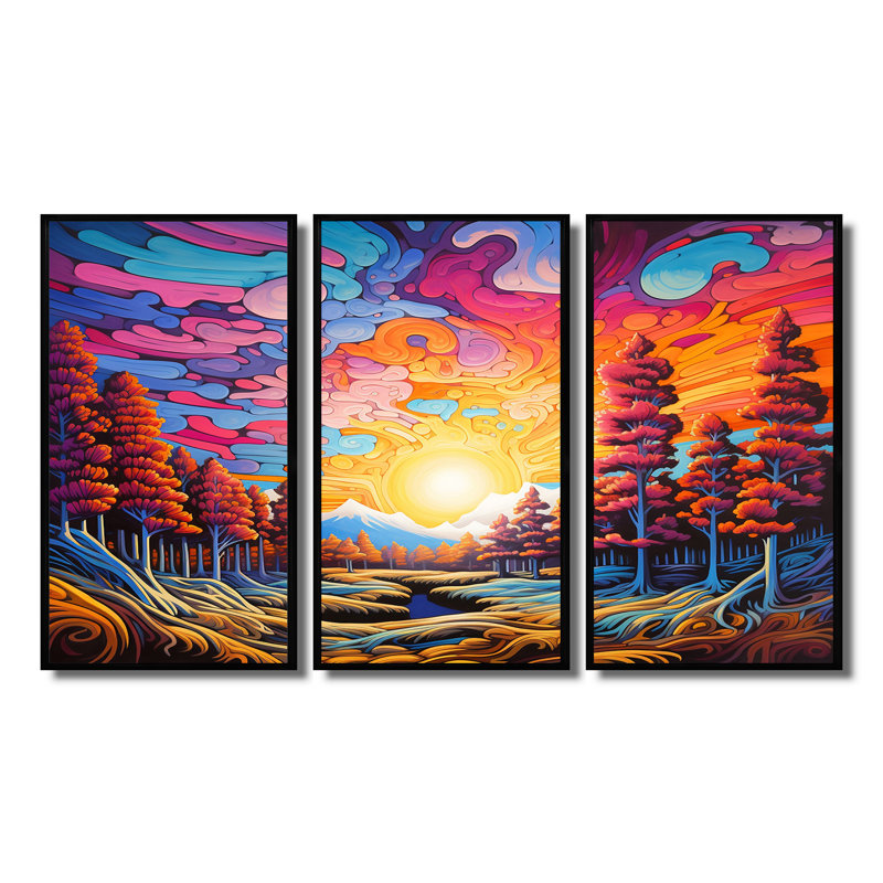 Ensemble de salon majestueux rose jaune coucher de soleil automne forêt - art mural forêt, Cadre flottant noir