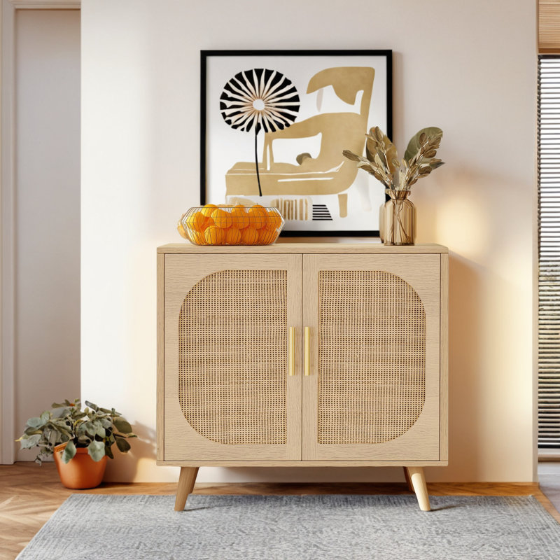 Beige Rattan and Wood Adjustable Shelving Bathroom Cabinet