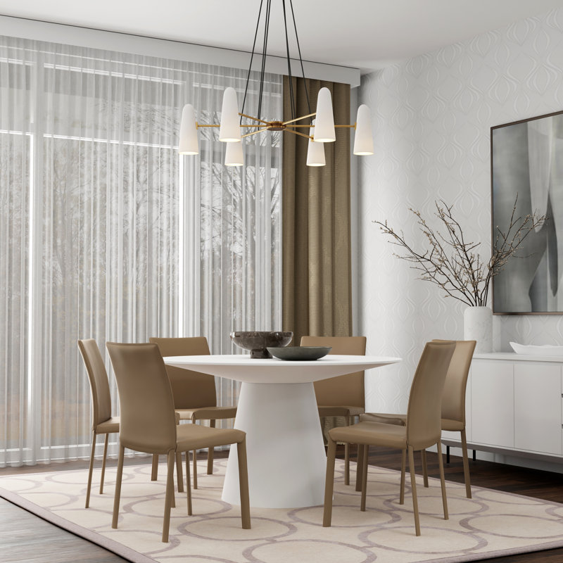 Adara 53" Dining Table In White With 6 Gilson Chairs In Taupe, Taupe