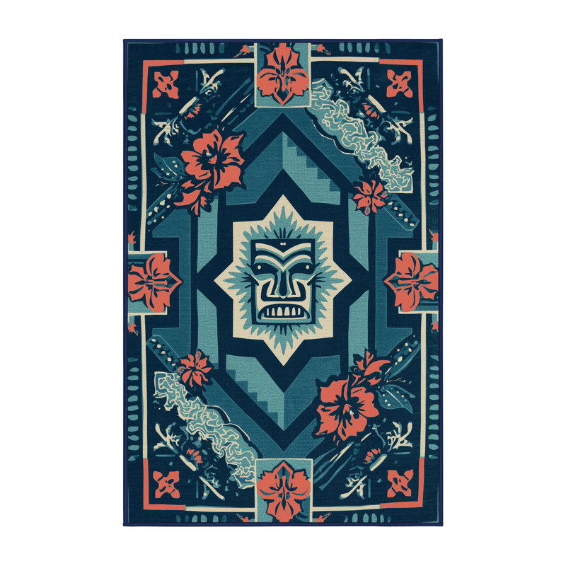 Machine Washable Flemington Maui Eclectic Block Print Rug in Blue – Navy Binding, 6x9