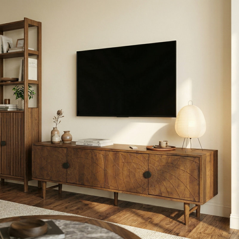 Meuble télé en bois massif de 63,5 po pour téléviseur de 75 po ou moins Bloom, console multimédia à 4 portes avec façade radiale sculptée à la main, meuble décoratif sculptural pour espace de vie, assemblage sans effort, noyer foncé