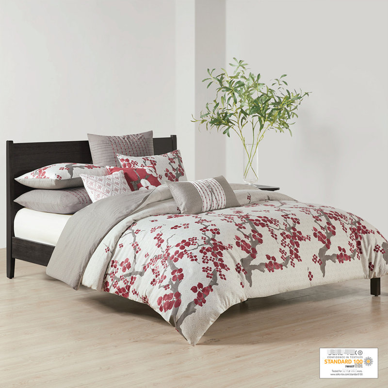 Housse de couette pour grand lit - Fleur de cerisier, coton, motif floral, mini motif sécuritaire avec taies décoratives, meilleur drapé, inclus