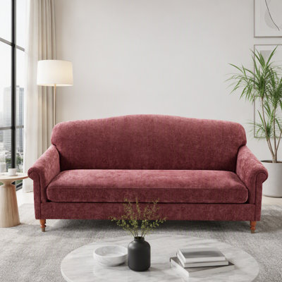Sofa deux places moderne avec accoudoirs arrondis et revêtement en chenille