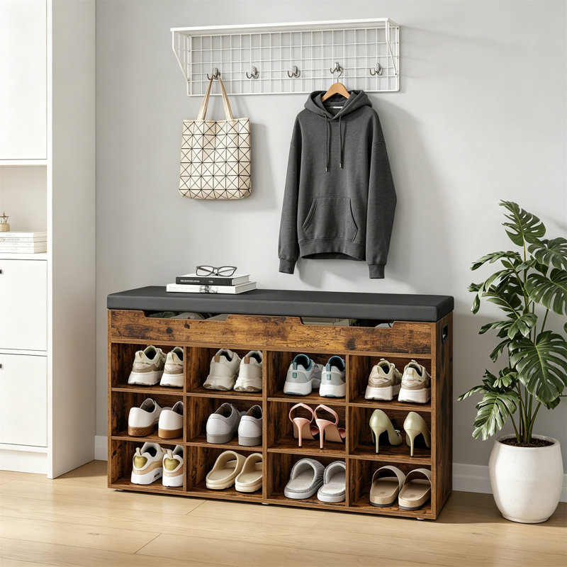 12 Pair Shoe Storage Bench, Rustic Brown