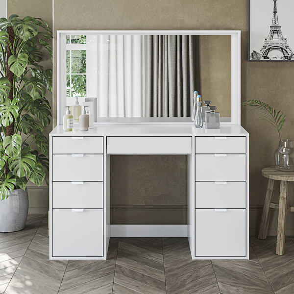 Makeup Vanity Desk with Mirror and Lights Adjustable Brightness 3 Color Modes for Bedroom White, Size: 42.9 x 20.5 x 56.1