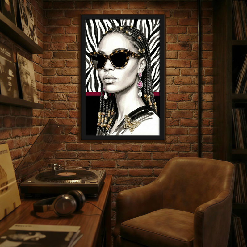 Abstrait imprimé zébré avec cheveux tressés et lunettes de soleil, H 18 po x l 12 po