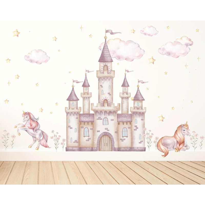 Décalcomanie de princesse château, art mural de conte de fées, art mural licorne, adhésifs muraux amovibles