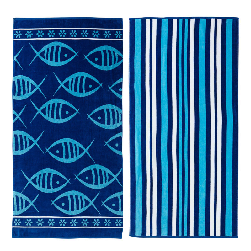 Serviettes de plage 100% jacquard 100% coton, Bleu marine / bleu royal poisson et rayures