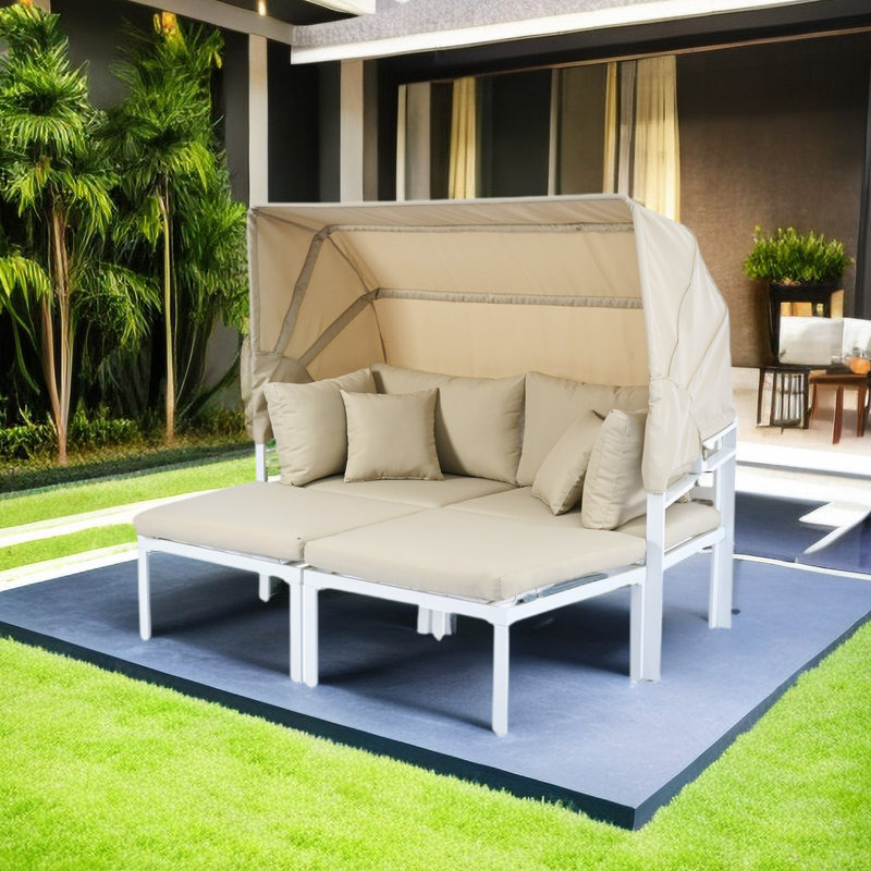 Lit de jour d'extérieur rectangulaire avec coussins Travonda, Beige, Blanc