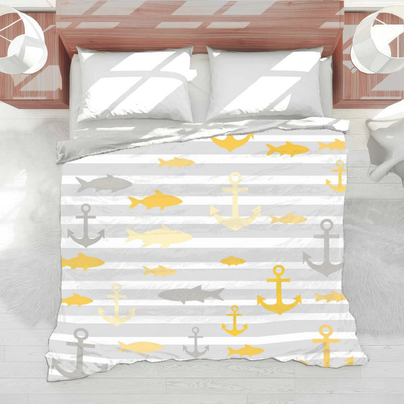 Couette rayée avec poisson ancre, King, Gris moyen / jaune clair