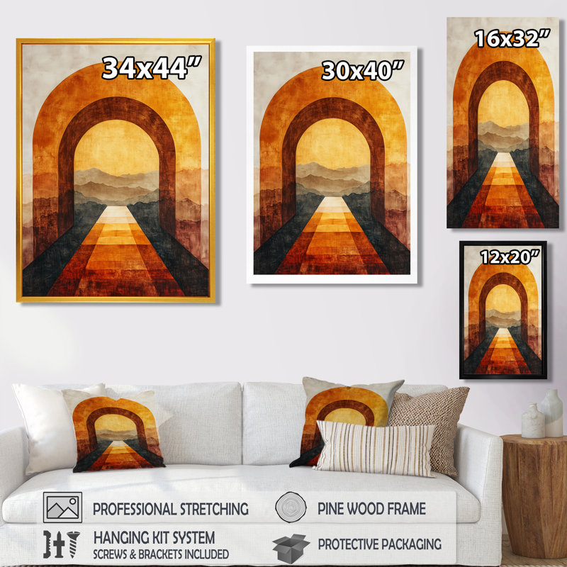 Perspective d'arche moderne orange et noire I - Tableau abstrait transitionnel encadré, H 44 po x l 34 po