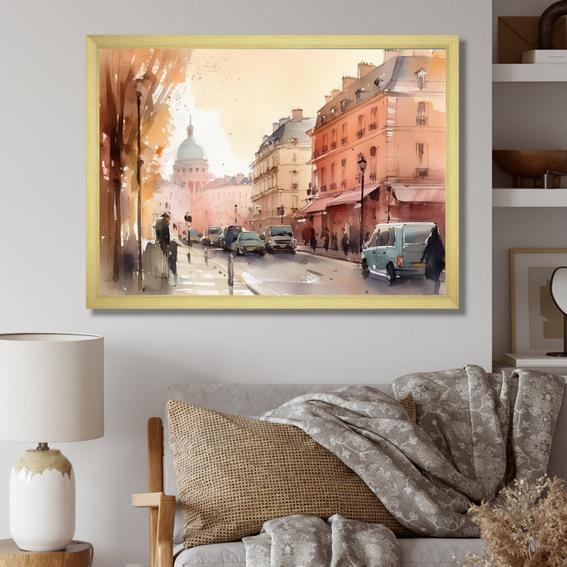 Aquarelle de Paris, France III - impression, H 24 po x l 32 po x P 1 po, Cadre doré à une seule photo