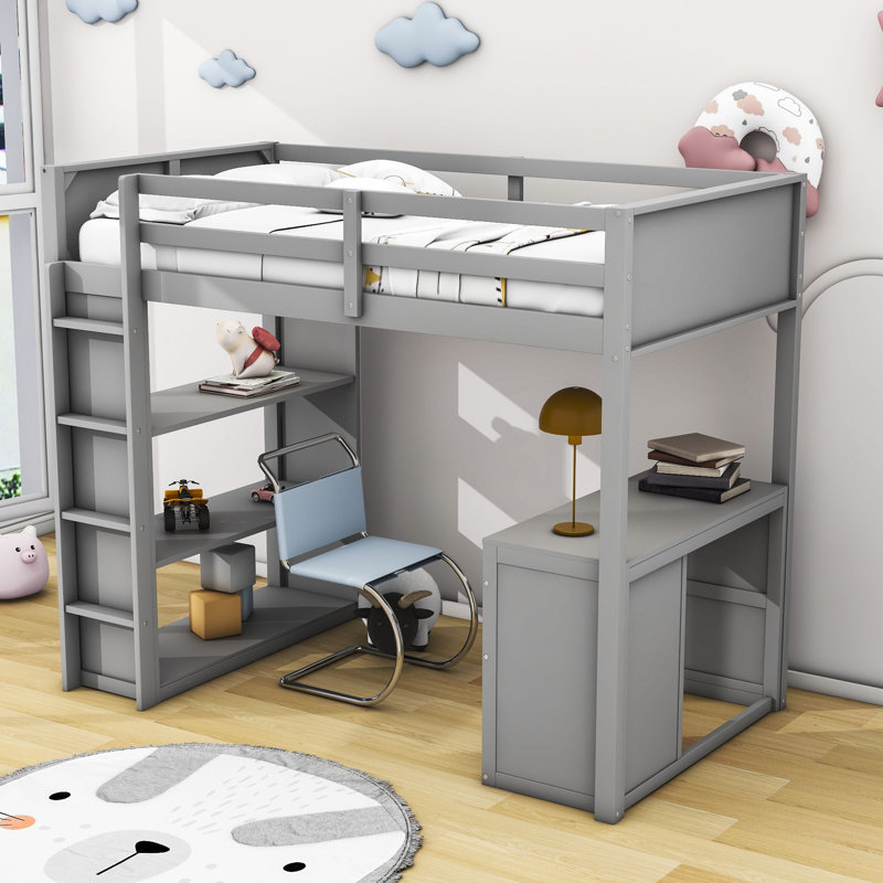 Goitzen Kids Loft Bed with Drawers, Gray, Twin