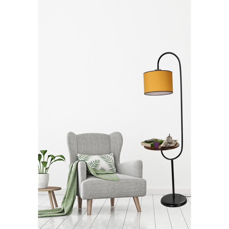 Luro Stylish Floor Lamp with Metal Body & Wooden Shelves, Mustard Color, 63.0 inches Tall | 11.8 x 11.8 inches Shelves | E27 Socket, Max 60W | On/Off Switch on Cable | Perfect for Living Room & Bedroom Decor
