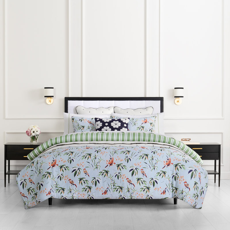 kate spade new york Bird Garden Full/Queen Comforter Set, 300 Thread Count Cotton Reversible Cover, All Season 3 Piece Bedding, Machine Washable, Floral Multicolor 