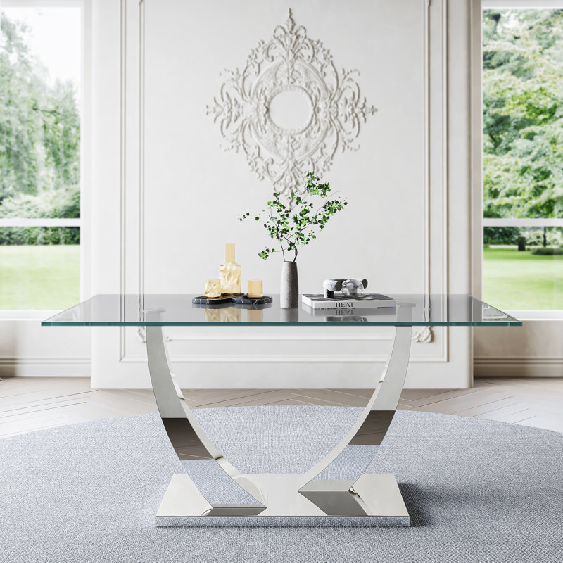 Table de salle à manger rectangulaire en verre 63 po avec base en U en acier inoxydable 63 po, Argent argent
