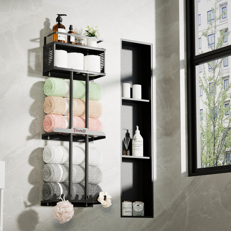 3 Tier Black Wall Mounted Towel Rack, with Storage Basket and Hooks, Rustproof Metal, for Bathroom